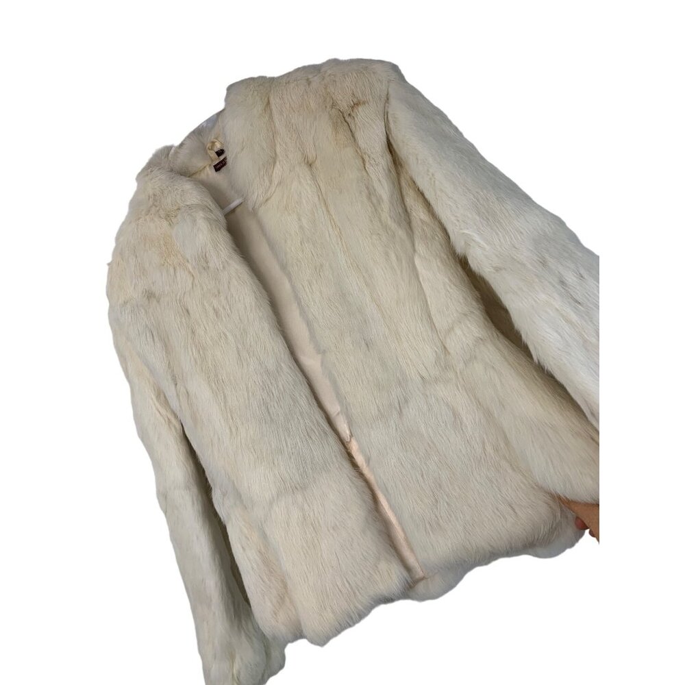 Vintage 80s Contempo Casuals Rabbit White Fur Coat Satin Lining Sz S Jr 7527